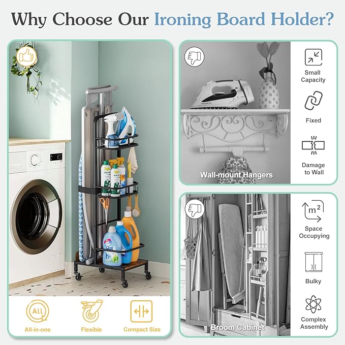 Ironing Board Hanger,Iron and Ironing Board Holder No Wall Mount,Laundry Room Organization and Storage Cart with Iron Stand,Narrow Laundry Shelves Organizer Cabinet,Laundry Room Essentials Accessories