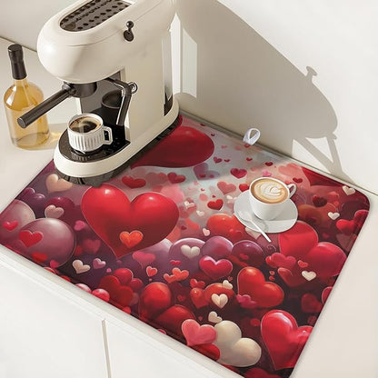 Valentines Day Dish Drying Mat for Kitchen Counter 24x18 Inch Red Heart Drying Mat with Absorbent Reversible Microfiber Holiday Love Dish Drainer Mats Rack Pad for Coffee Countertop Protector