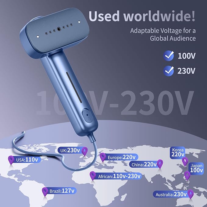Portable Clothes Steamer Handheld for Travel, 110-230V Dual Voltage, 2in1 Mini Steamer & Iron for Clothes, 30s Fast Heat Up, Compact for Home, Office & Travel, Blue