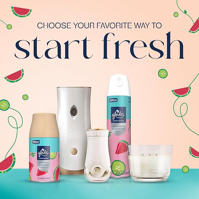 Glade PlugIns Refills Air Freshener Starter Kit, Watermelon & Cucumber, Scented and Essential Oils for Home and Bathroom, 0.67 Fl Oz, 1 Warmer + 2 Refills
