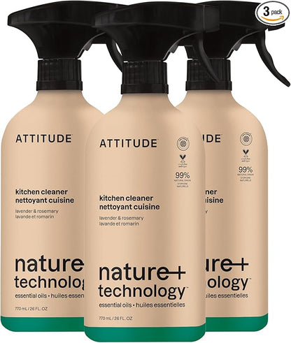 ATTITUDE Kitchen Cleaner Spray, EWG Verified, Degreaser Spray to Cut Grease & Grime, Plant-Based & Vegan, Lavender & Rosemary, 26 Fl Oz (Pack of 3)