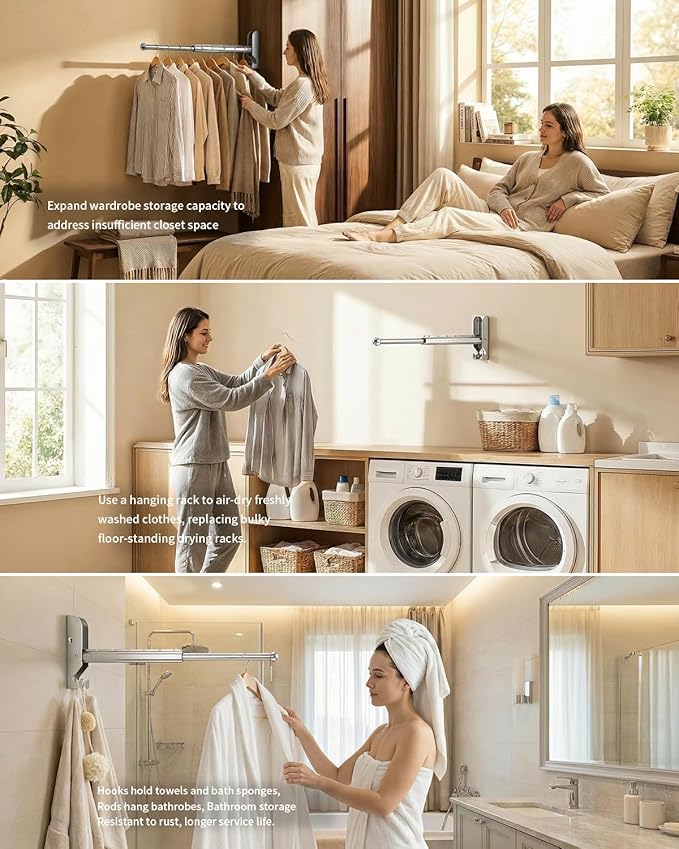 Wall Mounted Drying Rack 13" Foldable Clothes Hanger Silver Pull-Out Clothes Drying Rod for Laundry, Closets, Rntryway (1, 13" Silver)