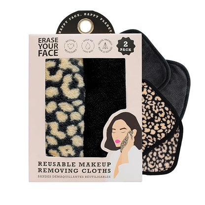 ERASE YOUR FACE Reusable Makeup Remover Cloths - Microfiber Face Towels to Cleanse & Remove Makeup - Water Activated for Sensitive Skin - Black & Animal Print (2 Count)