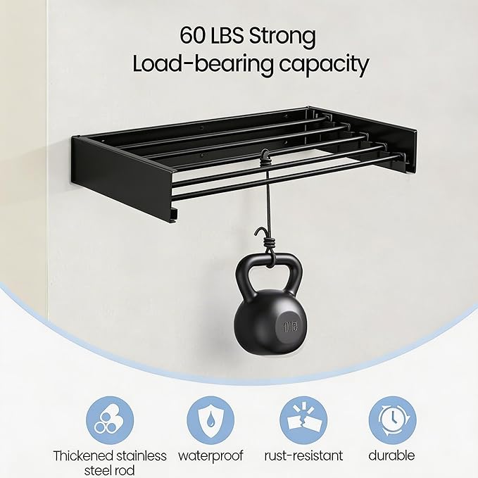 Wall Mounted Laundry Drying Rack, Carbon Steel Foldable & Retractable Clothes Drying Rack, Space Saving Adjustable Towel Holder for Bathroom, Laundry, Small Spaces (1, Black, 80cm)
