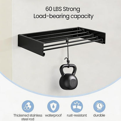 Wall Mounted Laundry Drying Rack, Carbon Steel Foldable & Retractable Clothes Drying Rack, Space Saving Adjustable Towel Holder for Bathroom, Laundry, Small Spaces (1, Black, 80cm)