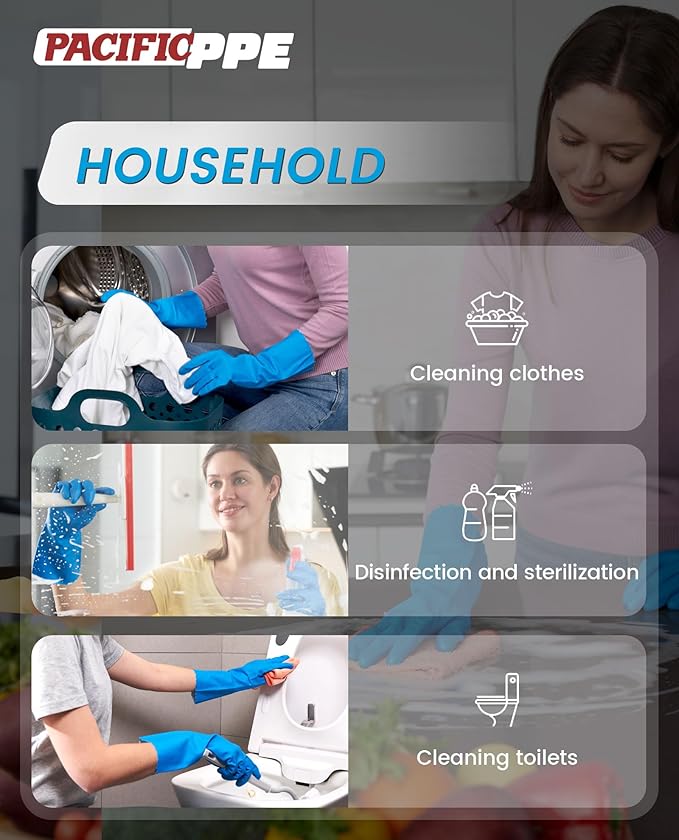 PACIFIC PPE 2 Pairs Reusable Dishwashing Cleaning Gloves with Latex Free, Cotton Lining, Kitchen Gloves, Blue, Medium