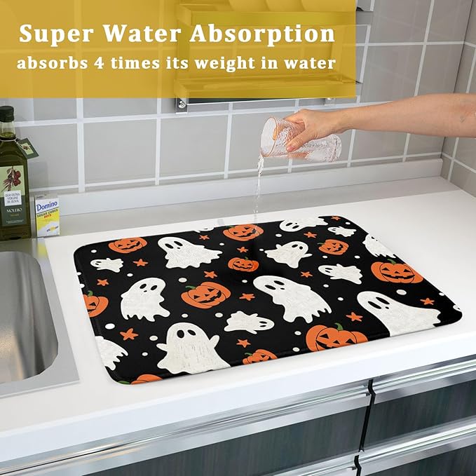 Halloween Dish Drying Mat 18 x 24 Inch With Absorbent Reversible Microfiber Pumpkin Ghost Black White Orange Drying Mats Thanksgiving Dish Drainer Mat Fast Dry For Kitchen Dining Room Decoration