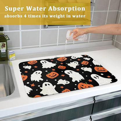Halloween Dish Drying Mat 18 x 24 Inch With Absorbent Reversible Microfiber Pumpkin Ghost Black White Orange Drying Mats Thanksgiving Dish Drainer Mat Fast Dry For Kitchen Dining Room Decoration