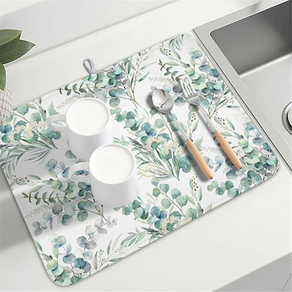 Spring Sage Green Leaves Dish Drying Mat for Kitchen Counter Watercolor Eucalyptus Leaf Drying Mat 18x24 Inch Rustic Farmhouse Absorbent Dish Drainer Mat Kitchen Accessories