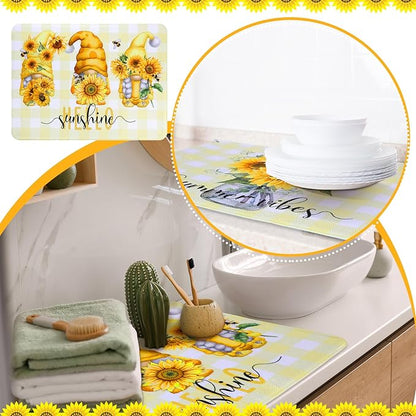 SiliFine 2 Pcs Sunflower Dish Drying Mat for Kitchen, Summer Absorbent Microfiber Dish Mat Counter Sunflower Gnome 18 x 24 Inch Dish Draining Mat Dish Drying Pad Reusable Washable Mat