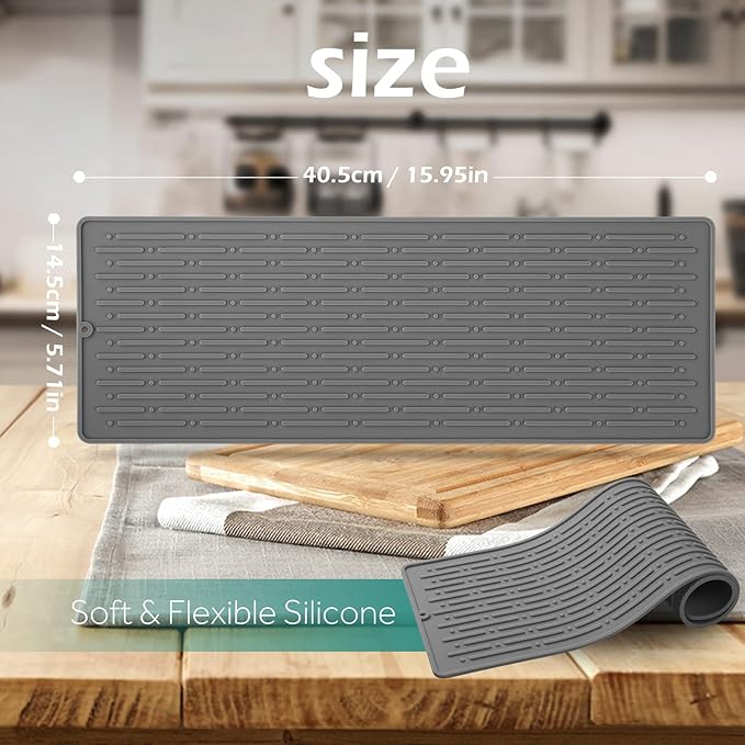 GeeRic Dish Drying Mats, Heat-resistant Silicone Mat for Kitchen Counter, Non-Slip Dish Dry Mat Dishwasher Safe Large, Gray