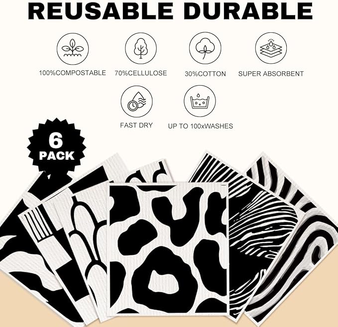 6 Pack Swedish Dishcloths, Black White Geometric Reusable Washable, Quick Drying, Dishwasher Safe for Kitchen Home Cleaning，Kitchen Gifts for Women