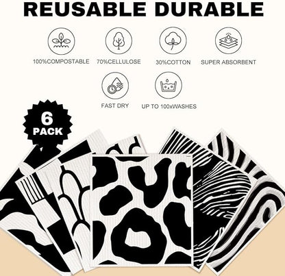 6 Pack Swedish Dishcloths, Black White Geometric Reusable Washable, Quick Drying, Dishwasher Safe for Kitchen Home Cleaning，Kitchen Gifts for Women