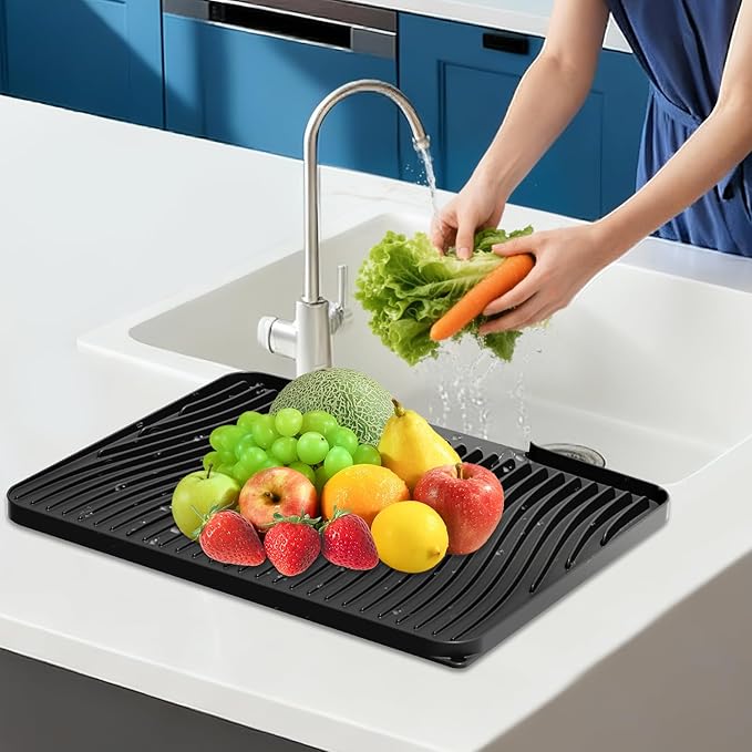 Silicone Dish Drying Mat for Kitchen Counter, Non-Slip Drain Pad, Dish Drying Pad, Easy to Clean Dish Rack Pad, Multi-Use as Heat Resistant Trivet, 15.8" x 13" , Black