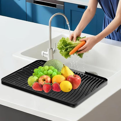 Silicone Dish Drying Mat for Kitchen Counter, Non-Slip Drain Pad, Dish Drying Pad, Easy to Clean Dish Rack Pad, Multi-Use as Heat Resistant Trivet, 15.8" x 13" , Black