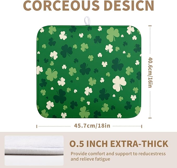 St.Patrick's Day Dish Drying Mat for Kitchen Counter Green Shamrock Drying Mats Spring Lucky Clovers Draining Pad Microfiber Absorben Dish Drainer Rack Mat Reusable Washable Dry Mat 16x18 Inch