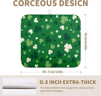 St.Patrick's Day Dish Drying Mat for Kitchen Counter Green Shamrock Drying Mats Spring Lucky Clovers Draining Pad Microfiber Absorben Dish Drainer Rack Mat Reusable Washable Dry Mat 16x18 Inch