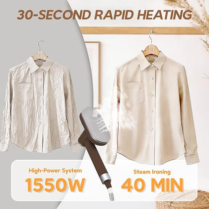 2 In 1 Steamer for Clothes: 1550W Powerful Steamer with 1100ml Detachable Tank, 30s Fast Heat-Up, Horizontal & Vertical Use, Portable Wrinkle Remover for Clothes Drapes Bedding (Brown)
