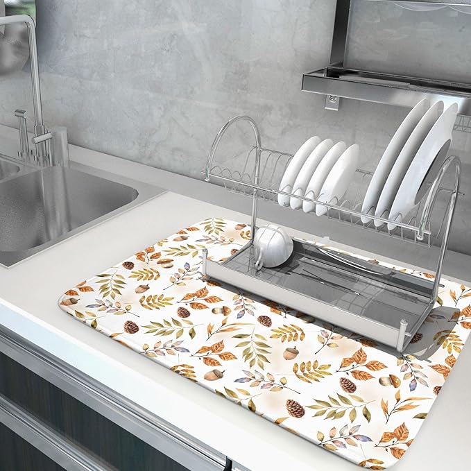 Fall Leaves Pine Cones Mushroom Dish Drying Mat 18 x 24 Inch With Absorbent Reversible Microfiber Orange Autumn Leaf Thanksgiving Drying Mats Dish Drainer Mat Fast Dry For Kitchen Dining Room Decor