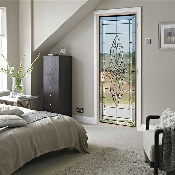 A.Monamour 3D Door Stickers for Interior Doors Stained Glass Front Door Vinyl Waterproof Self Adhesive Door Mural Decals for Bedroom Office Bathroom 95x215cm