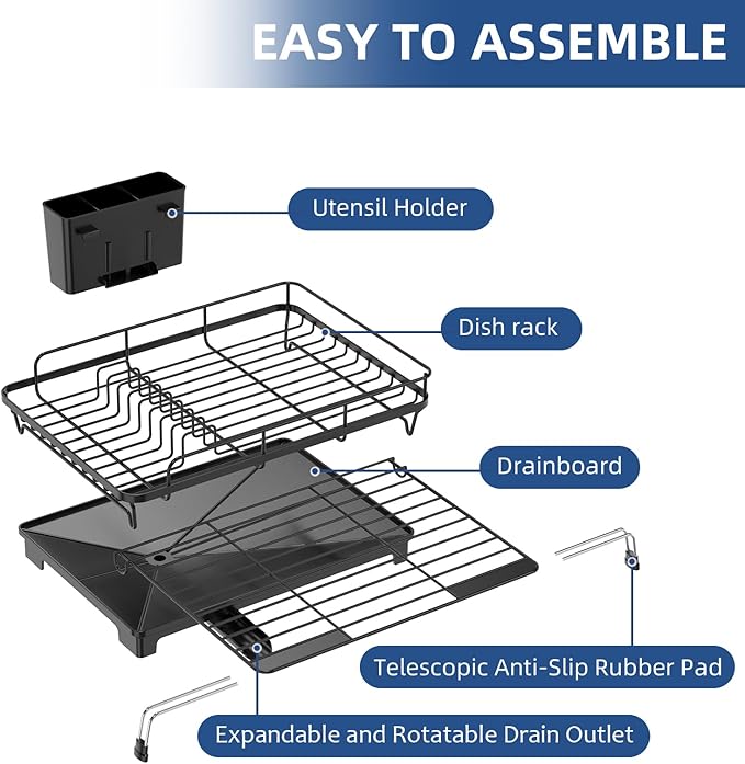 Expandable Dish Drying Rack,Rust-Proof Metal Dish Racks for Kitchen Counter with 360° Swivel Drain Spout,Space-Saving Dish Drainer with Utensil Holder for Small Apartment & Home Organization