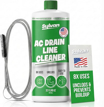 Sylvan AC Drain Line Cleaner | Free XXL Drain Brush | 32 Oz | 12 Month Supply | Made in USA | Universal Compatibility | Removes Clogs and Buildup from HVAC Condensate Lines | Air Conditioner Unclogger