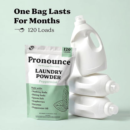 Pronounce Laundry Detergent Powder Alternative | Non-Toxic, Eco-Friendly, Natural for Sensitive Skin, Eczema, and Babies. Stain + Smell Fighting. HE Safe (Peppermint, 120 Loads)