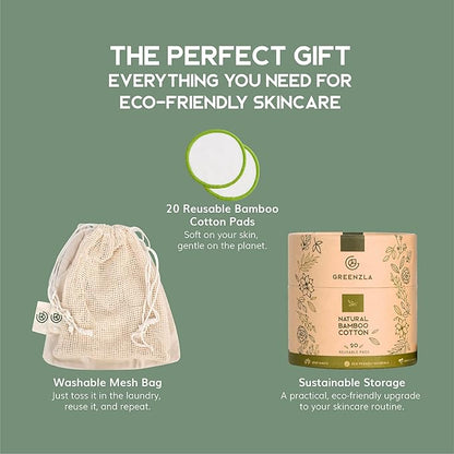 Greenzla Reusable Makeup Remover Pads (20 Pack) Washable Laundry Bag & Round Box for Storage, Reusable Bamboo Cotton Rounds for All Skin Types