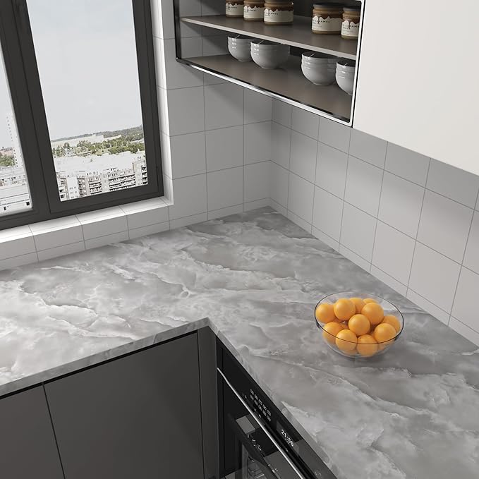 JSEVEM 31"×157" Extra Wide Thick Grey White Marble Wallpaper Peel and Stick Glossy Gray White Marble Contact Paper for Bedroom Waterproof Granite Wall Sticker for Walls Bathroom Living Room Cabinets