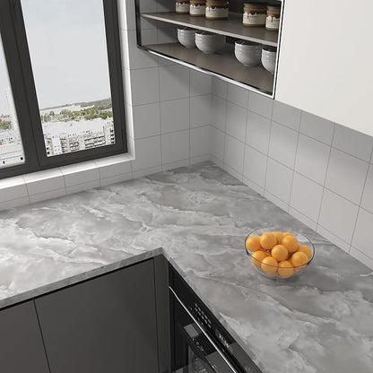 JSEVEM 31"×157" Extra Wide Thick Grey White Marble Wallpaper Peel and Stick Glossy Gray White Marble Contact Paper for Bedroom Waterproof Granite Wall Sticker for Walls Bathroom Living Room Cabinets
