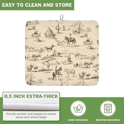 Cowboy Dish Drying Mat 18x16 Inch, West Drying Mat with Absorbent Reversible Microfiber, Cactus Dish Drainer Mats Summer Western Rack Pad for Coffee Countertop Kitchen Protector