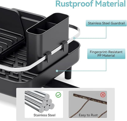 Urackify Expandable Dish Rack for Kitchen Counter,16.14"-23.62" Large Stainless Steel Dish Drying Rack with Adjustable Water Spout, Space Saving Dish Drainer with Auto Draining Cutlery Holder,Black
