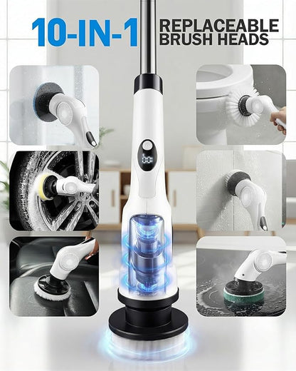 Electric Spin Scrubber, 3-Speed Cordless Shower Scrubber with 90° Adjustable & 10 Replaceable Brush Heads, 90 Mins Runtime & Full-Body IPX7 Waterproof Shower Cleaner Brush with Long Handle