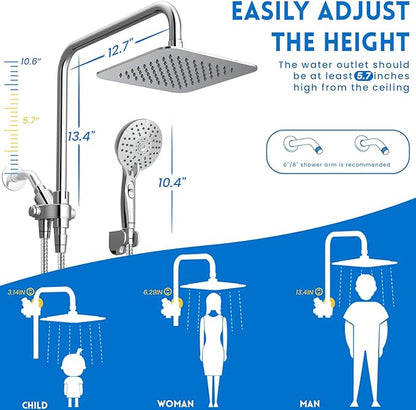 Ryamen Dual Shower Head Combo, 8'' High Pressure Rain Shower Head with Handheld Spray, 6 Settings Handheld Showerhead, 15" Height Adjustable Slide Bar, Angle Adjustable, Chrome Polished