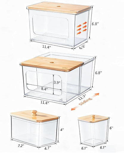 Trash Bag Dispenser Dishwasher Pod Holder - 5 in 1 Plastic Garbage Bag Under Sink Organizer, Acrylic Dryer Sheet Balls Laundry Pods Container with Bamboo Lid, Pantry Organizers and Storage Box