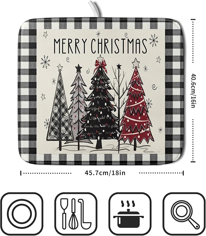 Merry Christmas Tree Dish Drying Mat for Kitchen Counter 16x18 Inch Black Red Grey Xmas Plaid Print Absorbent Reversible Microfiber Drying Mats Kitchen Countertop Protector Dishes Drainer Rack Pad