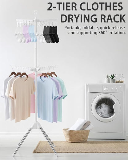 Foldable Clothes Drying Rack - 2 Tier Laundry Drying Rack, Portable Clothing Rack with Rotating Clothes Rail with 24 Clips and 3 Rotatable Arms, Suitable for Flats and Small Rooms