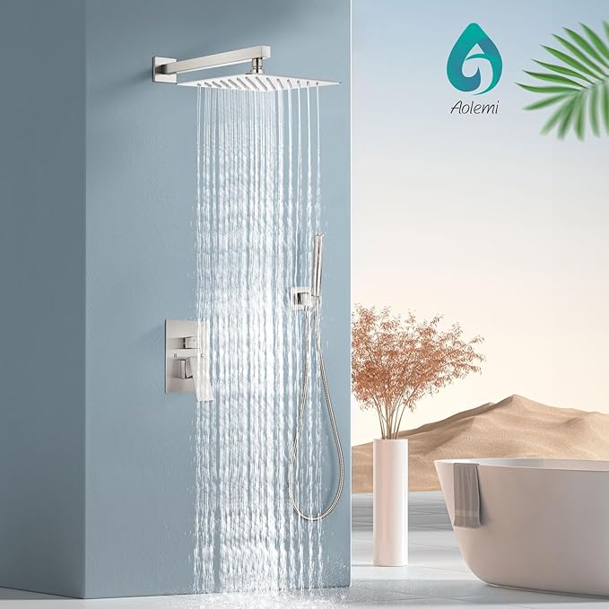Aolemi Shower Faucet Set, High Pressure Shower System with 2-in-1 Handheld Sprayer, Wall Mount Fixture Combo with Rough-in Valve, 10 Inch Shower Head, Brushed Nickel