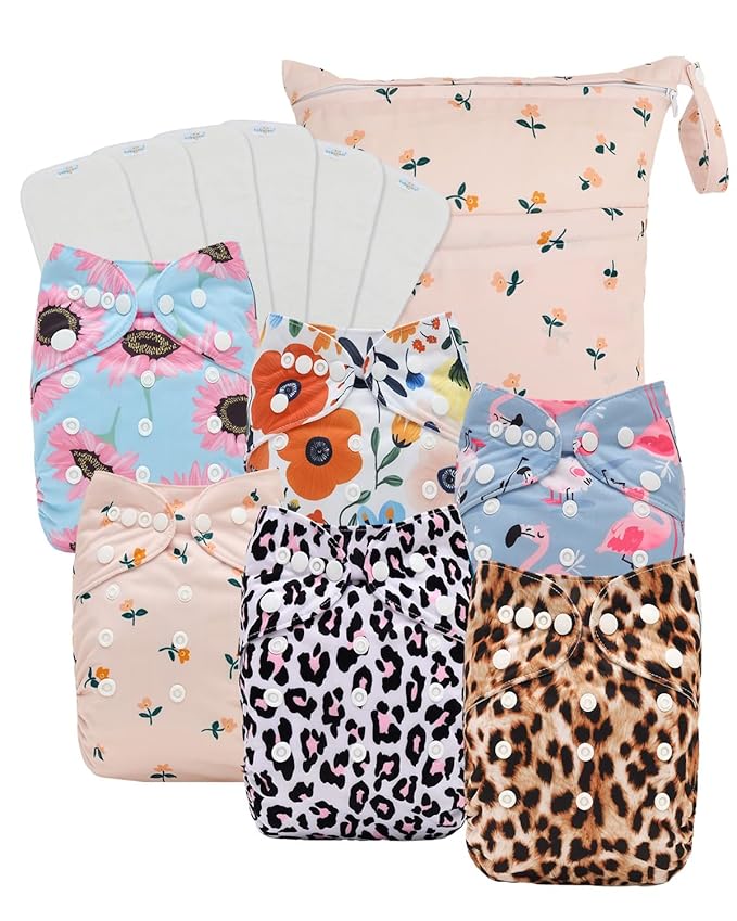 Babygoal Baby Cloth Diaper 6 Pack with 6pcs Inserts and Wet Bag for Fitted Diapers and Prefolds, Adjustable and Reusable Covers for Toddler Boys and Girls