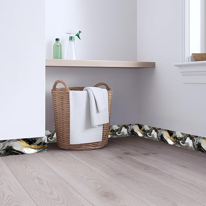 Marble Wave Wallpaper Border 196x4 Inch Peel and Stick Wall Border Black White Gold Pattern Removable Vinyl Wall Trim Kitchen Bathroom Living Room Home Decor