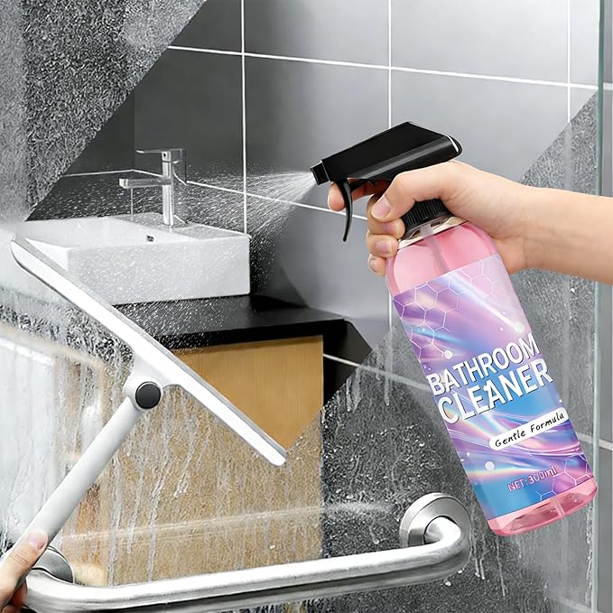 Bathroom Cleaner, All-Purpose Powerful Pink Bathroom Cleaner Spray Kit with Foam Descaler Spray, Microfiber Towel, and Scrub Sponge – Gentle Formula for Tubs, Tiles, Showers, and Glass Surfaces 300ml