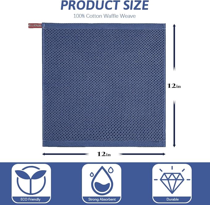 Nialnant 100% Cotton Waffle Weave Dish Cloths,4 Pack Super Absorbent Dish Towels for Washing Dishes,Cleaning Rags-Navy Blue,12x12