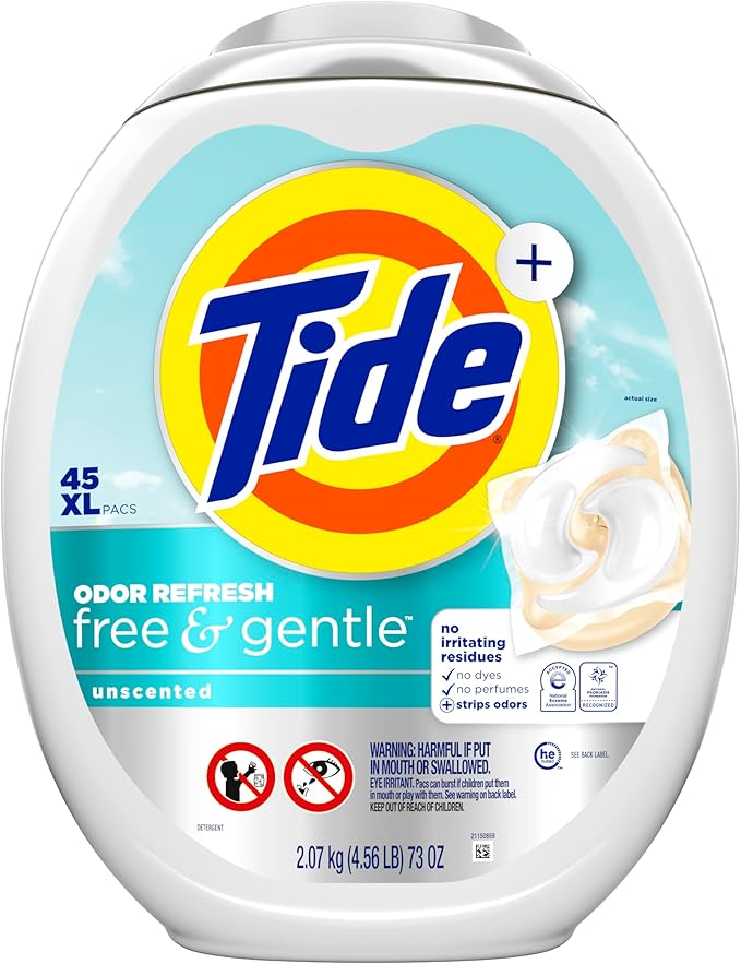 Tide PODS Free and Gentle Odor Refresh Laundry Detergent Packs, 45 Count, Hypoallergenic Laundry Detergent Pods