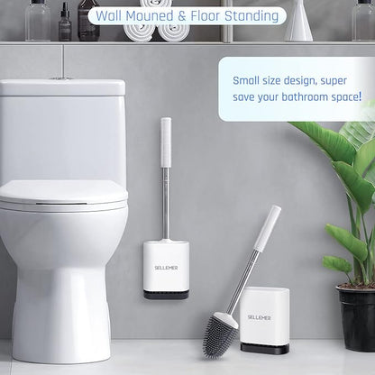 Sellemer Toilet Brush and Holder Set for Bathroom, Flexible Toilet Bowl Brush Head with Silicone Bristles, Compact Size for Storage and Organization, Ventilation Slots Base (1 Pack, White)