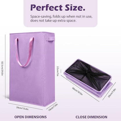 Odonata Slim Laundry Hamper Handles Collapsible Laundry Basket Thin Dirty Clothes Basket Narrow Laundry Bag Foldable Dirty Hamper 45L (Light Purple)