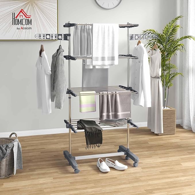 HOMCOM Folding Clothes Airer in Stainless Steel and Plastic, Space-Saving Vertical Drying Rack with 6 Wheels, Hooks and 4 Adjustable Shelves for Indoors, 142 x 55 x 172 cm, Silver Grey