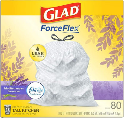 Glad ForceFlex Tall Kitchen Trash Bags, 13 Gallon, Gain Lavender, 80 Count (Package May Vary)