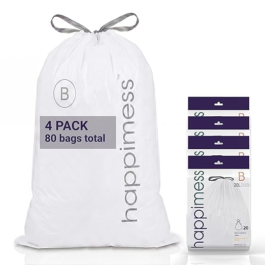 happimess 5.3 Gallon (20L) Drawstring Trash Bags, Unscented, White, Heavy Duty LDPE Liners for Kitchen and Household, Custom Fit 80 Count (4 Packs of 20 Liners) HPM3000B-W-4SET