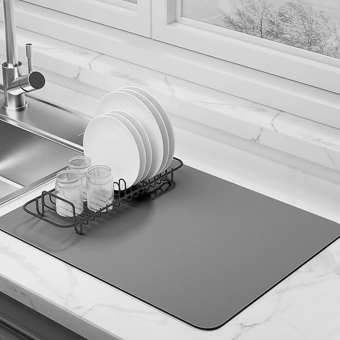Dish Drying Mat for Kitchen Counter Super Absorbent Drainer Mats with Non-slip Rubber Backed Hide Stain Heat Resistant Easy to Clean Dish Rack Mat (Gray, L-24"x16")