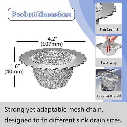 Kitchen Sink Drain Strainer, Patented 304 Stainless Steel Reversible Mesh Strainer with Flexible Chain, Handcrafted Anti-Clog Garbage Disposal Tool, Easy to Clean - 2 Pack